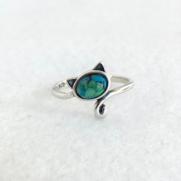 Sterling Silver 925 Turquoise Cabochon Kitty Cat Bypass Style Band Ring Sz 7 - Picture 3 of 16